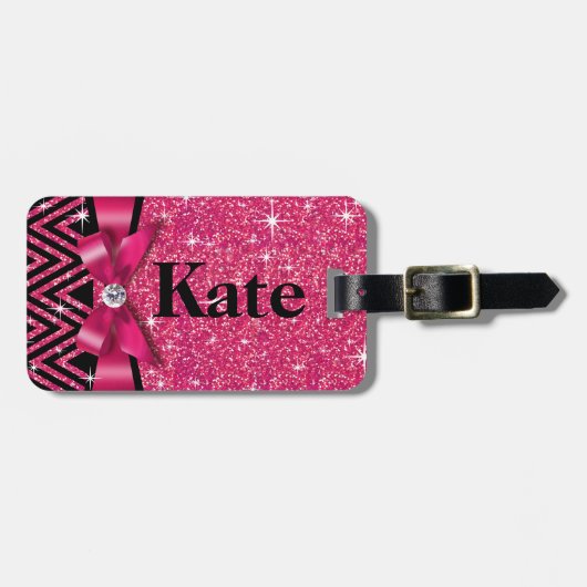 グリッターのシェブロンのきらきら光るなダイヤモンドの弓|明るい赤紫色 ラゲッジタグ (正面横)