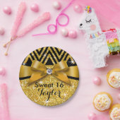 グリッターのシェブロンのきらきら光るなダイヤモンドの弓|金ゴールド ペーパープレート (パーティー)