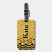 グリッターのシェブロンのきらきら光るなダイヤモンドの弓|金ゴールド ラゲッジタグ (正面縦)
