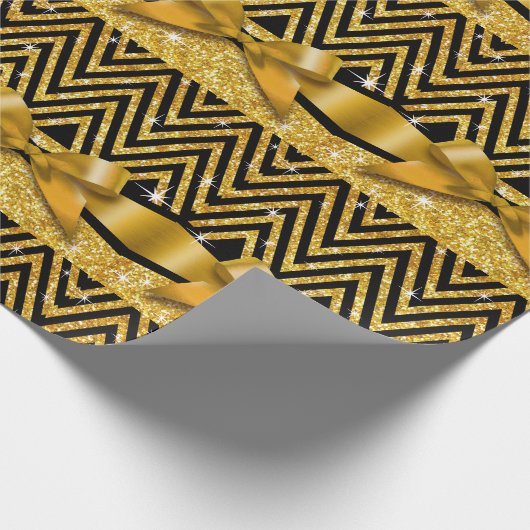 グリッターのシェブロンのきらきら光るなダイヤモンドの弓|金ゴールド ラッピングペーパー (角)