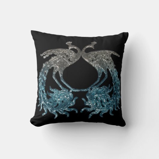 グリッターのスライバおよび青い孔雀の静物画 クッション (正面)