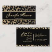 グリッターのヒョウの黒および金ゴールド 名刺 (正面/裏面)