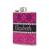 グリッターのピンクおよび黒いパターンラインストーン フラスク (左)