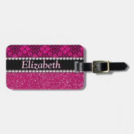 グリッターのピンクおよび黒いパターンラインストーン ラゲッジタグ