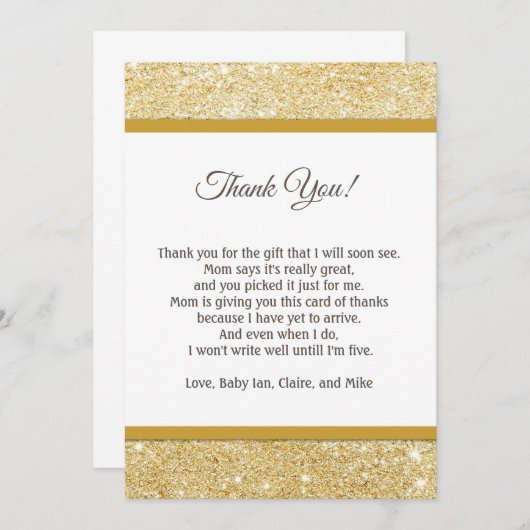 グリッターのピンクのベビーシャワーのサンキューカードのノートの金ゴールド サンキューカード (正面/裏面)