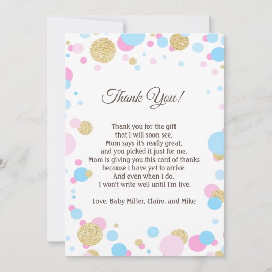 グリッターのピンクのベビーシャワーのサンキューカードのノートの青 サンキューカード (正面)