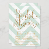 グリッターのブライダルシャワーの招待状のミントの金ゴールドシェブロン 招待状 (正面/裏面)