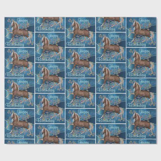 グリッターのプリントが付いている青の馬によっては幸せなBirが開花します ラッピングペーパー (フラット)