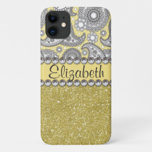 グリッターのペイズリーのラインストーンのプリントパターン iPhone 11 ケース
