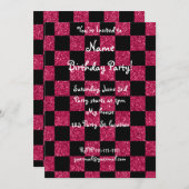 グリッターのホットピンクとブラッ市松模様にクのパターン 招待状 (正面/裏面)