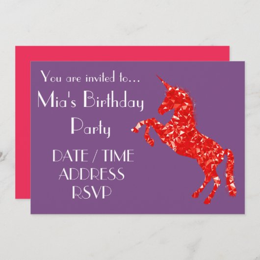 グリッターのユニコーンのカラフルな女の子の誕生会 招待状 (正面/裏面)