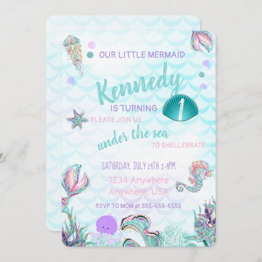 グリッターの人魚の招待状、海のパーティーの下で、 招待状 (正面/裏面)