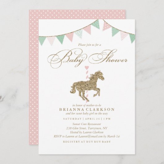 グリッターの回転木馬の馬|のベビーシャワーの招待状 招待状 (正面/裏面)