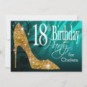 グリッターの小剣のシマウマの第18誕生日のティール(緑がかった色)の金ゴールド 招待状 (正面)