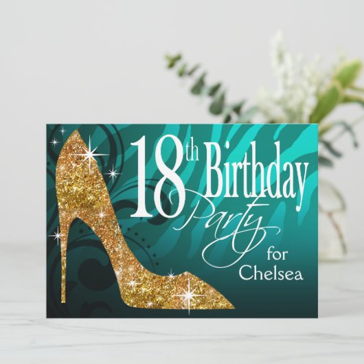 グリッターの小剣のシマウマの第18誕生日のティール（緑がかった色）の金ゴールド 招待状 (スタンド正面)