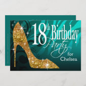 グリッターの小剣のシマウマの第18誕生日のティール(緑がかった色)の金ゴールド 招待状 (正面/裏面)