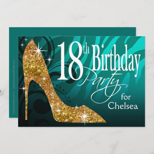 グリッターの小剣のシマウマの第18誕生日のティール(緑がかった色)の金ゴールド 招待状 (正面/裏面)