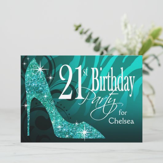 グリッターの小剣のシマウマの第21誕生日のティール(緑がかった色) 招待状 (スタンド正面)