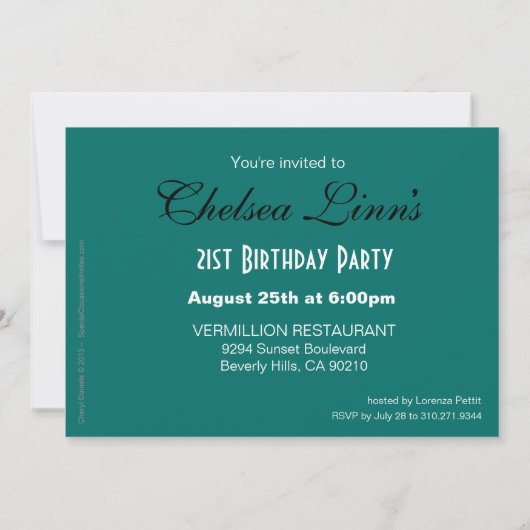 グリッターの小剣のシマウマの第21誕生日のティール（緑がかった色） 招待状 (裏面)