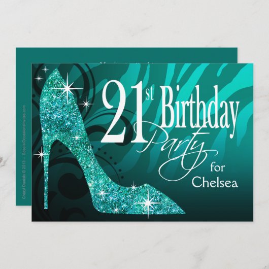 グリッターの小剣のシマウマの第21誕生日のティール（緑がかった色） 招待状 (正面/裏面)