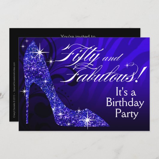 グリッターの小剣のシマウマ50及びすばらしい誕生日の青 招待状 (正面/裏面)