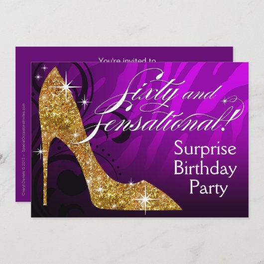 グリッターの小剣のシマウマ60及び扇情的な誕生日 招待状 (正面/裏面)