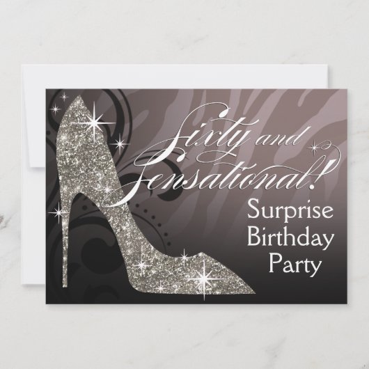 グリッターの小剣のシマウマ60及び扇情的な誕生日 招待状 (正面)