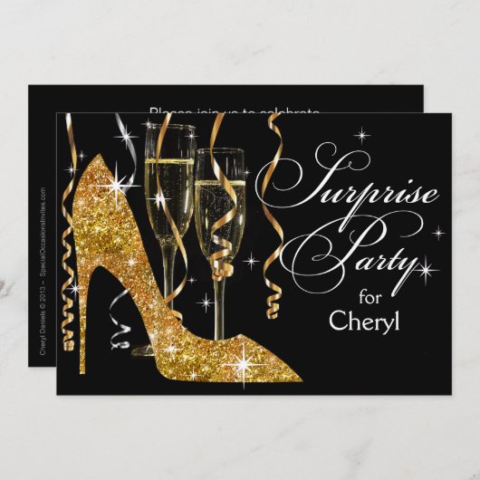 グリッターの小剣のシャンペンの驚きの誕生日の金ゴールド 招待状 (正面/裏面)