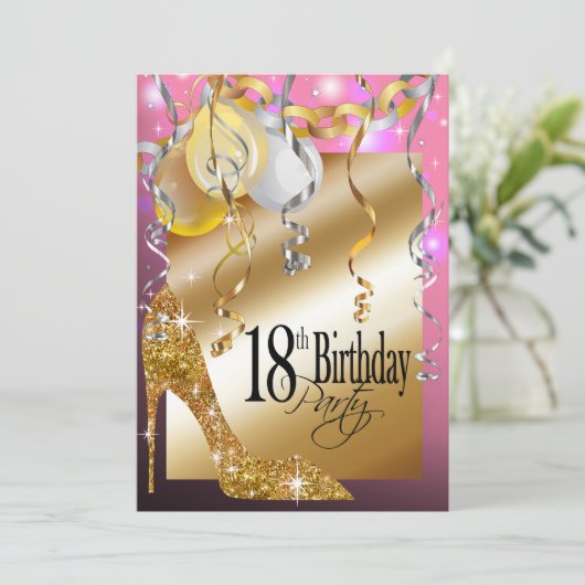 グリッターの小剣の気球の第18誕生日のピンク 招待状 (スタンド正面)