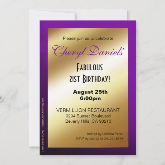 グリッターの小剣の気球の第21誕生日の紫色 招待状 (裏面)