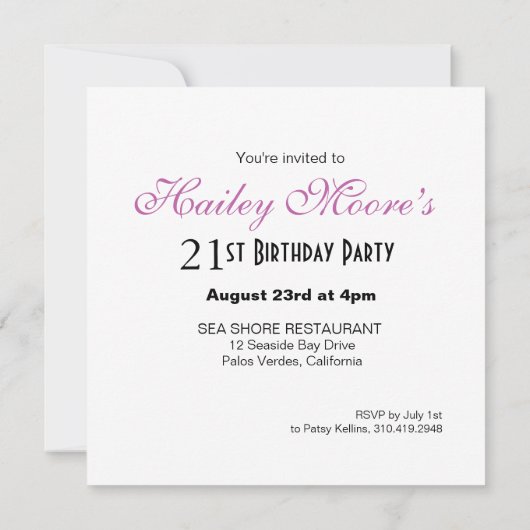 グリッターの小剣の第21誕生日|の薄紫の紫色 招待状 (裏面)