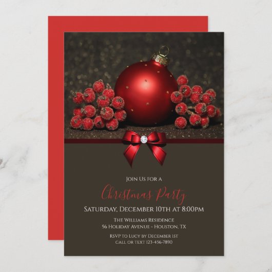 グリッターの果実とバウブルジュエルボウクリスマス 招待状 (正面/裏面)