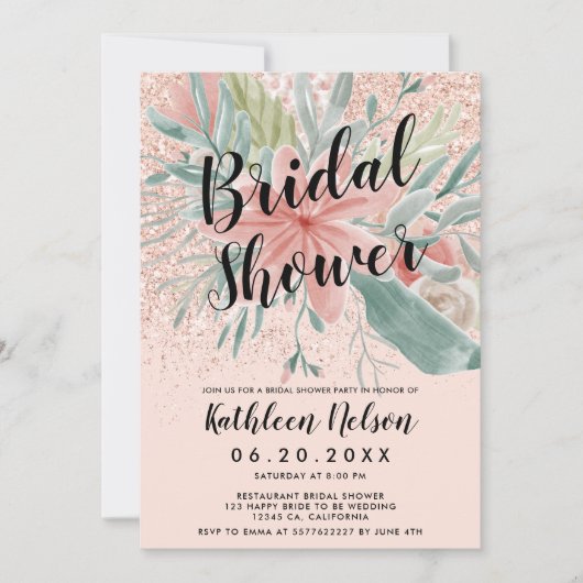 グリッターの花の水彩画の赤面のピンクのブライダルシャワー 招待状 (正面)