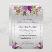 グリッターの花、ダイヤモンド枠のクリスマスパーティー 招待状 (正面/裏面)