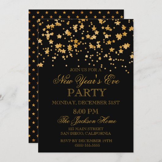 グリッターの金ゴールドの紙吹雪の星の大晦日のパーティー 招待状 (正面/裏面)