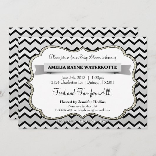 グリッターの銀および黒いシェブロンのベビーシャワー 招待状 (正面/裏面)