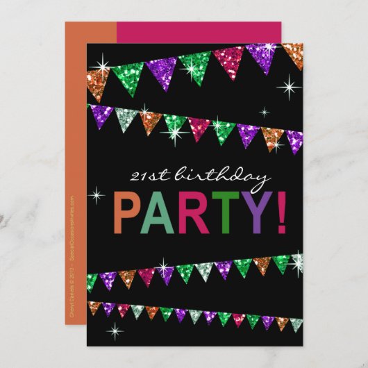 グリッターの長旗の旗の第21誕生祝い 招待状 (正面/裏面)
