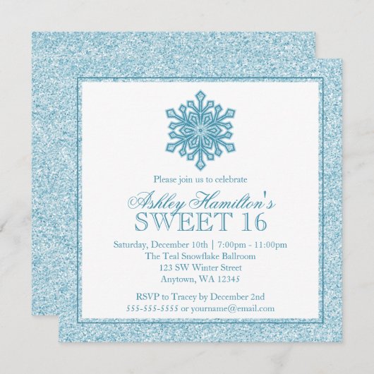 グリッターの雪片のティール（緑がかった色）の菓子16冬の不思議の国 招待状 (正面/裏面)
