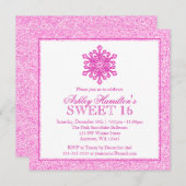 グリッターの雪片のピンクの菓子16冬の不思議の国 招待状 (正面/裏面)