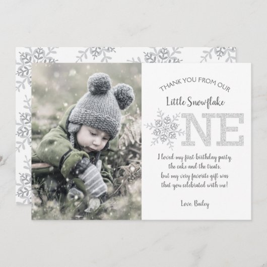 グリッターの雪片1番目の誕生日サンキューカード 招待状 (正面/裏面)