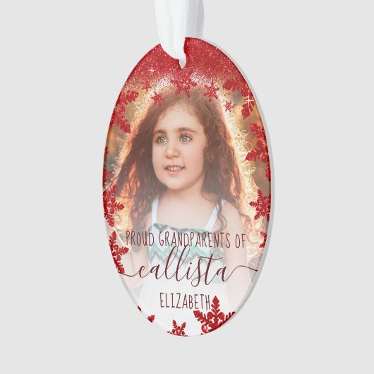 グリッターの雪誇りを持った片の祖父母の写真名 オーナメント (正面)