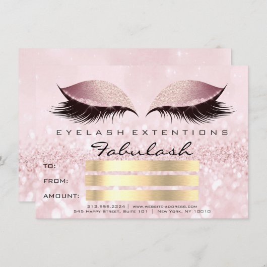 グリッターまばたき金ゴールドピンクメイクアップ証明書贈り物 招待状 (正面/裏面)