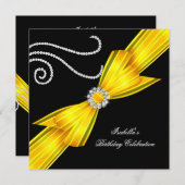 グリッターイエローダイヤモンドボウブラックバースデーパーティー 招待状 (正面/裏面)