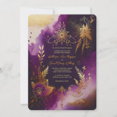 グリッターウォーターカラーパープルとゴールドの花の結婚式 招待状 (正面)