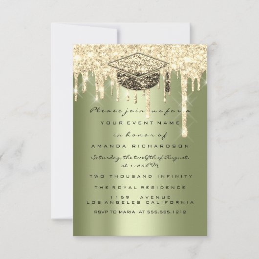 グリッターエフェクトドリップス大学院パーティーミントグリーン 招待状 (正面)