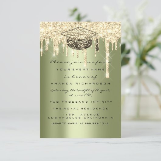 グリッターエフェクトドリップス大学院パーティーミントグリーン 招待状 (スタンド正面)