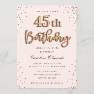 グリッターエレガントなばら色ホイルの気球の第45誕生日 招待状