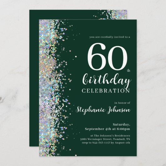 グリッターエレガントエメラルドグリーン60th誕生日 招待状 (正面/裏面)