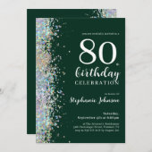 グリッターエレガントエメラルドグリーン80th誕生日 招待状 (正面/裏面)