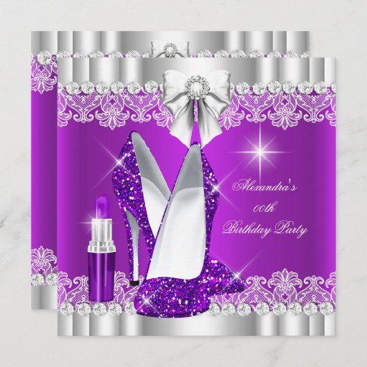 グリッターエレガントグラモールパープルハイヒール口紅 招待状 (正面/裏面)